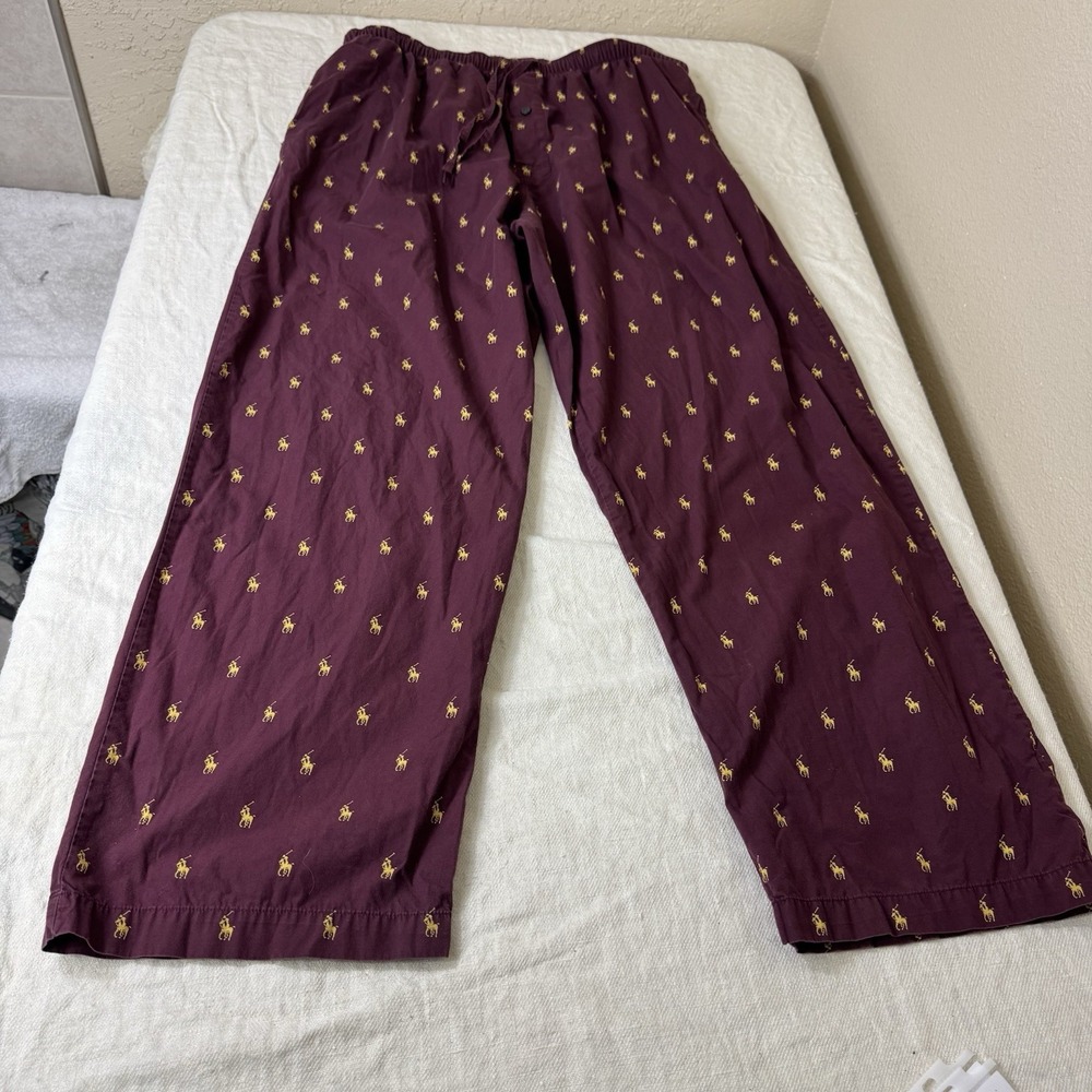 Polo Ralph Lauren Mens All Over Pony Logo Pajama Pants Large Maroon Red Pockets